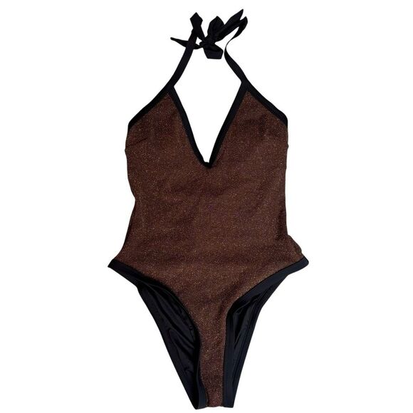 Cupshe X JoJo Atlantis Espresso Ribbed Lurex Halter One-Piece Swimsuit Medium - Picture 3 of 16